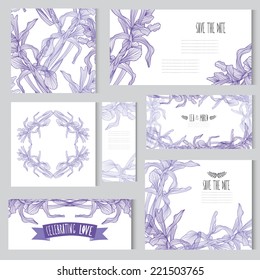 Elegant cards with floral iris bouquets, design elements. Can be used for wedding, baby shower, mothers day, valentines day, birthday cards, invitations. Vintage decorative flowers.