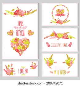 Elegant cards with floral poppy bouquets, hearts and wreath, design elements. Can be used for wedding, baby shower,mothers day, valentines day, birthday cards, invitations. Vintage decorative flowers.