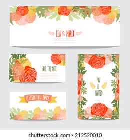 Elegant cards with floral ranunculus bouquets, design elements. Can be used for wedding, baby shower, mothers day, valentines day, birthday cards, invitations. Vintage decorative flowers.