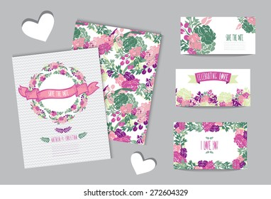 Elegant cards with floral wreath, design elements. Can be used for wedding, baby shower, mothers day, valentines day, birthday cards, invitations. Vintage decorative flowers.