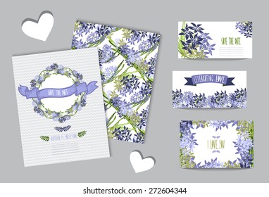 Elegant cards with floral wreath, design elements. Can be used for wedding, baby shower, mothers day, valentines day, birthday cards, invitations. Vintage decorative flowers.