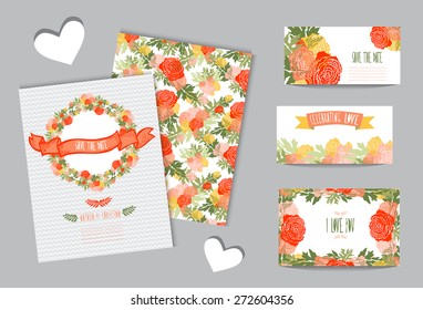 Elegant cards with floral wreath, design elements. Can be used for wedding, baby shower, mothers day, valentines day, birthday cards, invitations. Vintage decorative flowers.