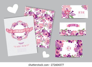 Elegant cards with floral wreath, design elements. Can be used for wedding, baby shower, mothers day, valentines day, birthday cards, invitations. Vintage decorative flowers.