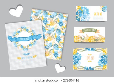 Elegant cards with floral wreath, design elements. Can be used for wedding, baby shower, mothers day, valentines day, birthday cards, invitations. Vintage decorative flowers.