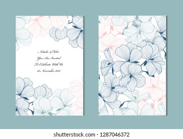 Elegant cards with geranium flowers, design elements. Can be used for wedding, baby shower, mothers day, valentines day, birthday cards, invitations, greetings. Vintage decorative flowers.