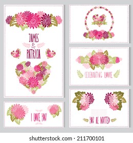 Elegant cards with gerbera bouquets, hearts and wreath, design elements. Can be used for wedding, baby shower, mothers day, valentines day, birthday cards, invitations. Vintage decorative flowers.