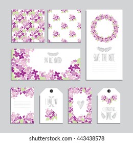 Elegant cards and gift tags with lilac floral bouquets, design elements. Can be used for wedding, baby shower, mothers day, valentines day, birthday cards, invitations. Vintage decorative flowers