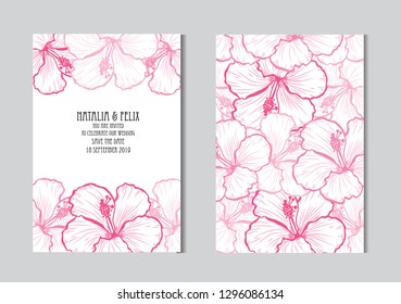 Elegant cards with hibiscus flowers, design elements. Can be used for wedding, baby shower, mothers day, valentines day, birthday cards, invitations, greetings. Vintage decorative flowers.