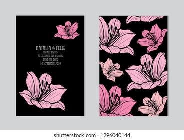 Elegant cards with lily flowers, design elements. Can be used for wedding, baby shower, mothers day, valentines day, birthday cards, invitations, greetings. Vintage decorative flowers.