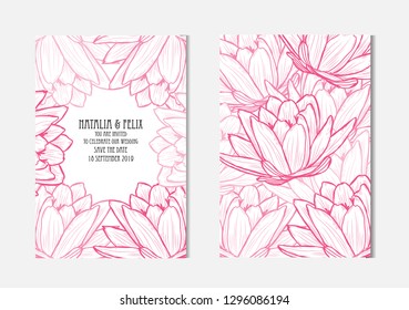 Elegant cards with lotus flowers, design elements. Can be used for wedding, baby shower, mothers day, valentines day, birthday cards, invitations, greetings. Vintage decorative flowers.
