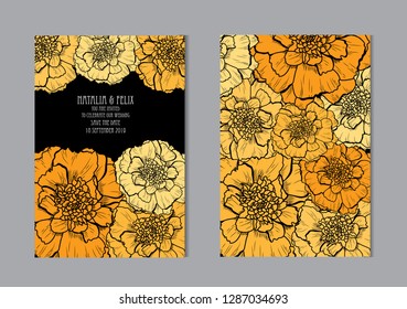 Elegant cards with marigold flowers, design elements. Can be used for wedding, baby shower, mothers day, valentines day, birthday cards, invitations, greetings. Vintage decorative flowers.