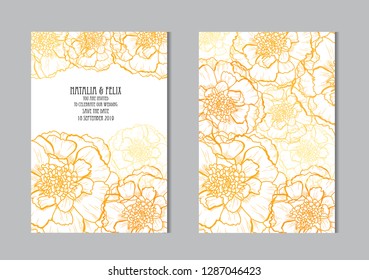 Elegant cards with marigold flowers, design elements. Can be used for wedding, baby shower, mothers day, valentines day, birthday cards, invitations, greetings. Vintage decorative flowers.