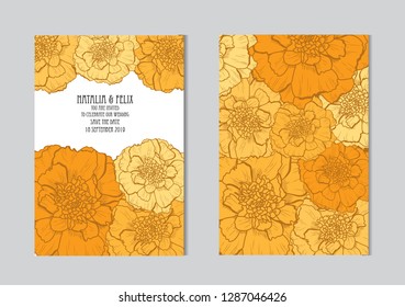 Elegant cards with marigold flowers, design elements. Can be used for wedding, baby shower, mothers day, valentines day, birthday cards, invitations, greetings. Vintage decorative flowers.