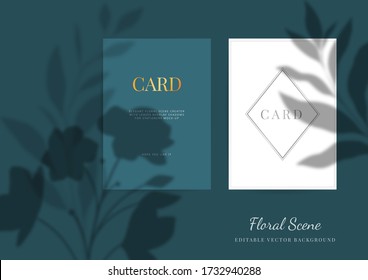 Elegant Cards Mockup With Floral Overlay Shadows. Editable Empty Stationery Card Vector Scene With Flowers On Dark Blue Background