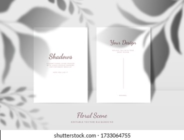 Elegant Cards Mockup With Floral Overlay Shadows. Editable Stationery Card On The Wall Scene With Flowers Background Vector