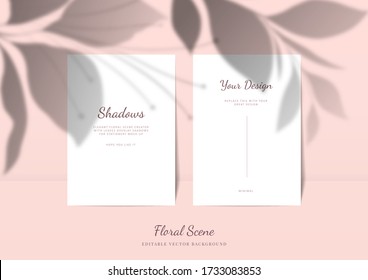 Elegant cards mockup with floral overlay shadows. Editable empty stationery card vector scene with flowers background