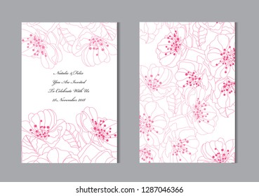 Elegant cards with  sakura flowers, design elements. Can be used for wedding, baby shower, mothers day, valentines day, birthday cards, invitations, greetings. Vintage decorative flowers.