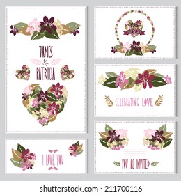 Elegant cards with stephanotis bouquets, hearts and wreath, design elements. Can be used for wedding, baby shower, mothers day, valentines day, birthday cards, invitations. Vintage decorative flowers.