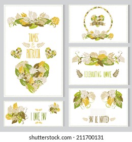Elegant cards with sweet pea bouquets, hearts and wreath, design elements. Can be used for wedding, baby shower, mothers day, valentines day, birthday cards, invitations. Vintage decorative flowers.