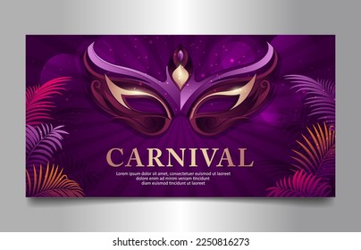 Elegante cartel horizontal del Festival Brasileño de Carnaval, diseño de fondo morado dorado