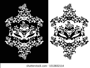 elegant carnival face mask among rose flowers ornament - black and white luxurious party accessory vector silhouette