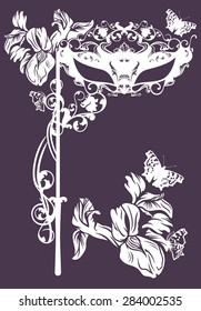 elegant carnival mask with iris flower - monochrome floral vector design