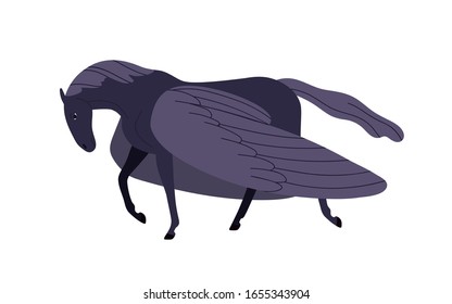 Elegant cartoon black pegasus vector flat illustration. Mythical horse character with wings isolated on white background. Colored fantasy medieval hero with hooves