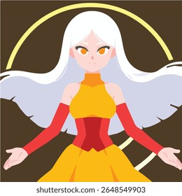 Elegant Cartoon Woman with White Hair and Golden Circle