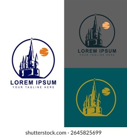 Elegant castle logo design in black silhouette style, enclosed in a circular frame with a warm orange sun, ideal for fantasy brands, entertainment, or travel businesses.