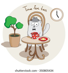 Elegant cat Englishman drinking tea on the terrace of a cafe. Vector illustration.