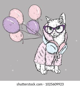 Elegant cat with headphones and jacket. Vector illustration for greeting card, cup, print on clothes. Animal in clothes and accessories.