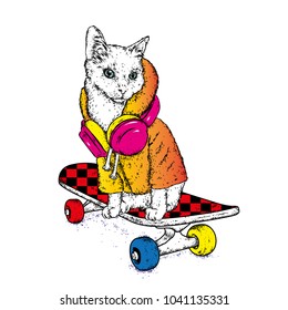 Elegant cat with headphones and jacket. Vector illustration for greeting card, cup, print on clothes. Animal in clothes and accessories. Skateboard.