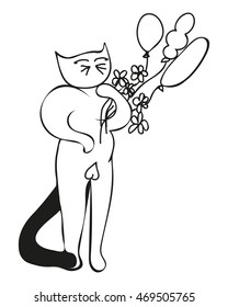 Elegant cat holding bouquet with flowers and balloons. Vector Illustration. Black and white contour image. Romance, love, dating or celebration concept