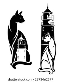 eleganter Kater- und Leuchtturm - Meerweg, schwarz-weißer Vektordesign-Set