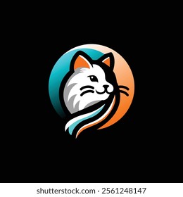 An Elegant Cat Logo With A Sideways Head, Featuring White And Grey