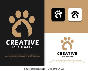 Elegant Cat Paw Logo Template Design with cat face silhouette. Suitable for Company and Pet Shop Logos