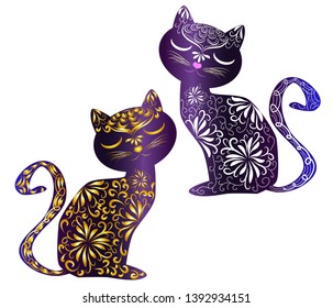 Elegant cat, silhouette, hand-painted in Indian style, print, design. The concept of grace, beauty of a cat, a unique pattern