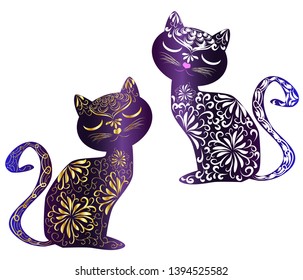 Elegant cat, silhouette, hand-painted in Indian style, print, design. The concept of grace, beauty of a cat, a unique pattern