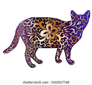 Elegant cat, silhouette, hand-painted in Indian style, print, design. The concept of grace, beauty of a cat, a unique pattern drawn by hand in Indian style