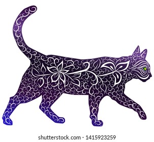 Elegant cat, silhouette, hand-painted in Indian style, print, design. The concept of grace, beauty of a cat, a unique pattern drawn by hand in Indian style