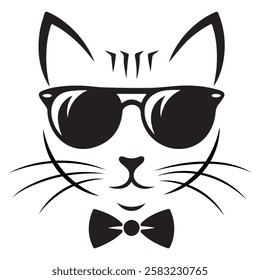 Elegant cat silhouette wearing stylish sunglasses and a bow tie, suitable for logos, apparel, and decorative elements,Black and white cool cat illustration with a retro touch, suitable for clothing, m