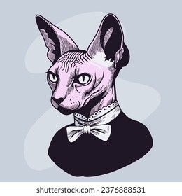 Elegant cat (Sphynx breed)  in a shirt with a bow. Portrait in gothic style. Vector illustration.