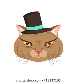 Elegant cat wearing black hat, funny cartoon animal character vector illustration