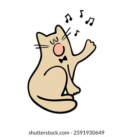 Elegant cat is wearing a bow tie and singing loudly on the roof. Vector illustration of an animal artist giving a concert at a theater or opera. Isolated funny character on white background.