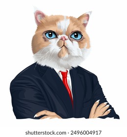 elegant cat wearing a suit crossing his arms vector illustration