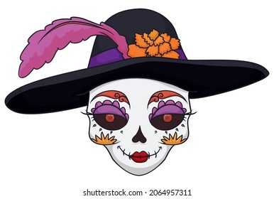 Elegant Catrina character, wearing a fancy hat decorated with a feather and marigold flower, ready for the Mexican Day of the Dead celebration.