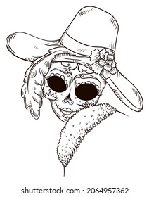 Elegant Catrina character wearing a fancy hat with flower and coat, also with its face decorated with traditional Mexican pattern for Day of the Dead celebration.