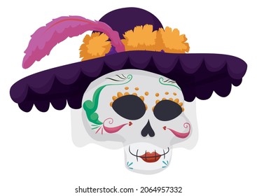 Elegant Catrina skull, wearing a hat and a veil, decorated with marigold flowers and purple feather, for Mexican Day of the Dead.