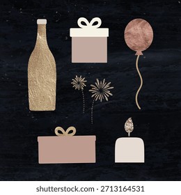 Elegant celebration elements: champagne bottle, gift boxes, and balloon. Perfect for party, celebration, or festive designs. Stylish party and celebration decor. New year party illustration vector.