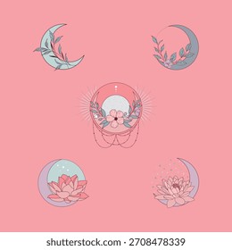 Elegante conjunto de clip art celestial com luas florais, flores de lótus e elementos decorativos místicos em uma paleta pastel macia. Perfeito para projetos boho, adesivos e arte espiritual.